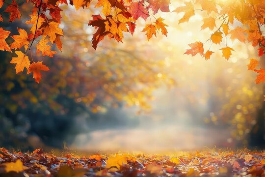 Autumn scene, fall, trees and leaves in sun light nature romantic landscape