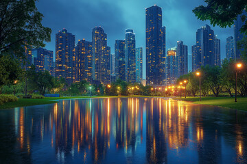 Cityscape at night reflecting in tranquil waters illuminated by warm city lights showcasing a serene