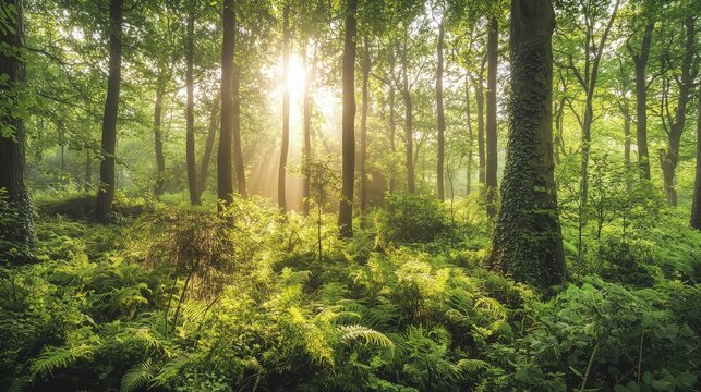 Serene sunlit forest with lush green undergrowth, peaceful woodland landscape - Powered by Adobe