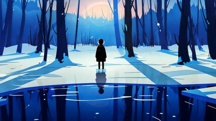A whimsical digital artwork depicting a childs silhouette beside a moonlit pond, set in a snowy forest landscape. - Powered by Adobe