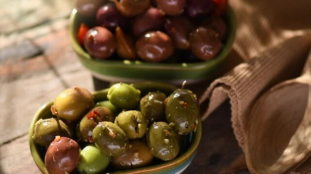 Olives, homemade marinated colorful olives with herbs and spices on rustic table, close up. Healthy Mediterranean vegan food in sun light. Slow motion
