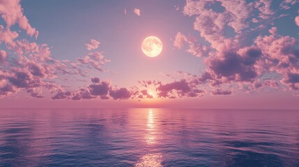 Horizon, clouds and full moon by ocean with sunset for peace