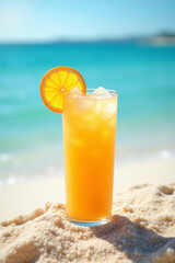 Obraz premium Refreshing orange juice with Ice on tropical beach with blue ocean and bright sunshine