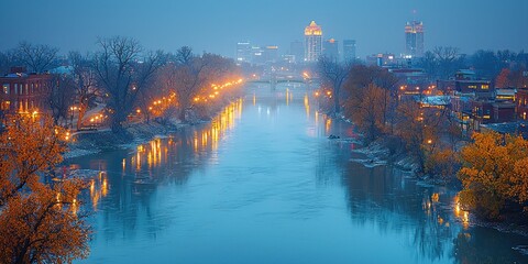 Serene twilight cityscape reflected on calm river waters, city lights illuminating banks, autumnal trees