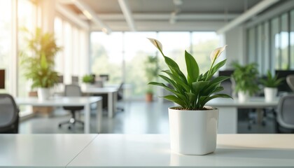 Modern office space with green plants on table. Sunny interior with bright light and empty workplaces. Workplace for remote workers. Focus on home office business. Ecology, eco-friendly environment.
