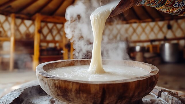 Mongolian Airag Fermented Mares Milk being poured into traditional wooden bowl long exposure capturing the silky flow and misty steam rising rustic yurt interior in the background