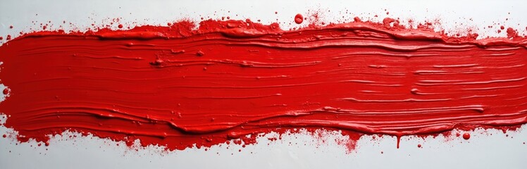 Close-up view of a thick red paint brush stroke on white canvas. Abstract art background, creative expression in vibrant colours, textured design. Artwork for decoration.