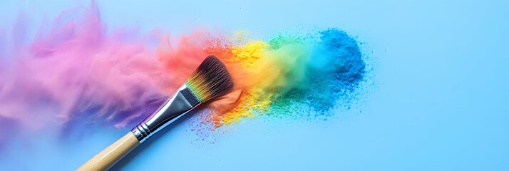 Fototapeta premium Colorful powder bursts from a makeup brush on a blue background creating a vibrant artistic effect