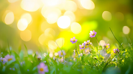 Obraz premium Blooming wildflowers in a sunlit meadow during springtime, creating a vibrant and tranquil atmosphere