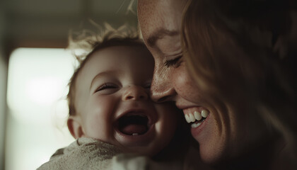 Happy mother and laughing child enjoying a tender moment in golden sunlight
