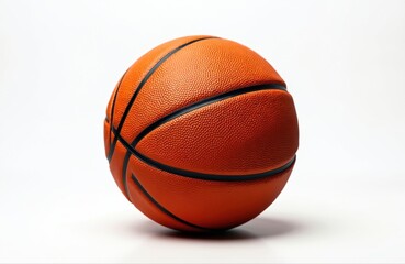 Fototapeta premium Orange basketball ball with black stripes, isolated on white background. Pro sports equipment for game competitions. Round ball with textured leather surface. Ideal for sport shop promo materials,
