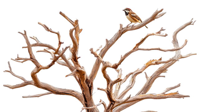 A sparrow perched on a twisted, lifeless tree branch, showcasing nature's resilience in an arid landscape.