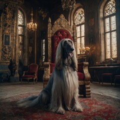 A royal Afghan Hound on a throne in an enchanted castle.