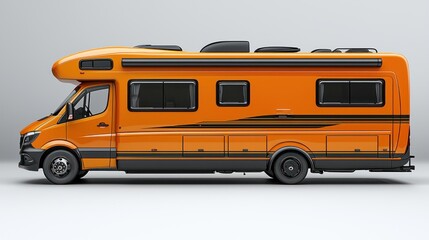 Side profile of a vibrant orange camper van, showcasing its sleek design and extended living space. Ideal for adventurous road trips and exploring diverse landscapes
