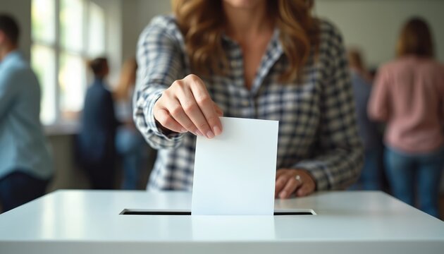 Woman hand casting vote. Person places ballot paper into ballot box at voting precinct. Democracy election concept, vote, freedom. Woman in plaid shirt at polling place. Citizens participation.