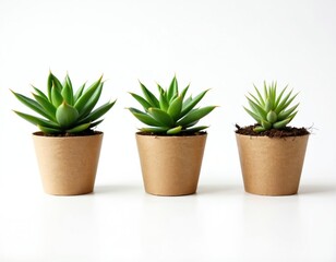 Obraz premium Three small green plants in eco-friendly pots isolated on white background. Minimalist aesthetic, modern design, interior decor. Concept of nature, eco lifestyle, home gardening, wellness,