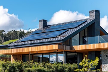 Obraz premium Solar panels on the gable roof of a beautiful modern home.