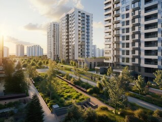 Obraz premium Modern apartment buildings in a green residential area in the city.