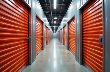 Corridor self-storage units with red doors. Rental storage facility, warehouse, business space, secure property, metal garage, industrial. Moving house, relocating household goods, secure, safe area.