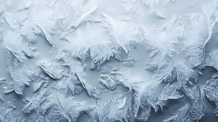 Obraz premium Intricate frost patterns create a stunning icy texture on a cold winter windowpane showcasing beautiful natural crystal formations.