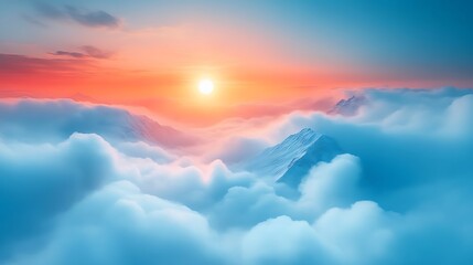 Sunrise Over Majestic Mountains Emerging Through A Sea Of Ethereal Clouds