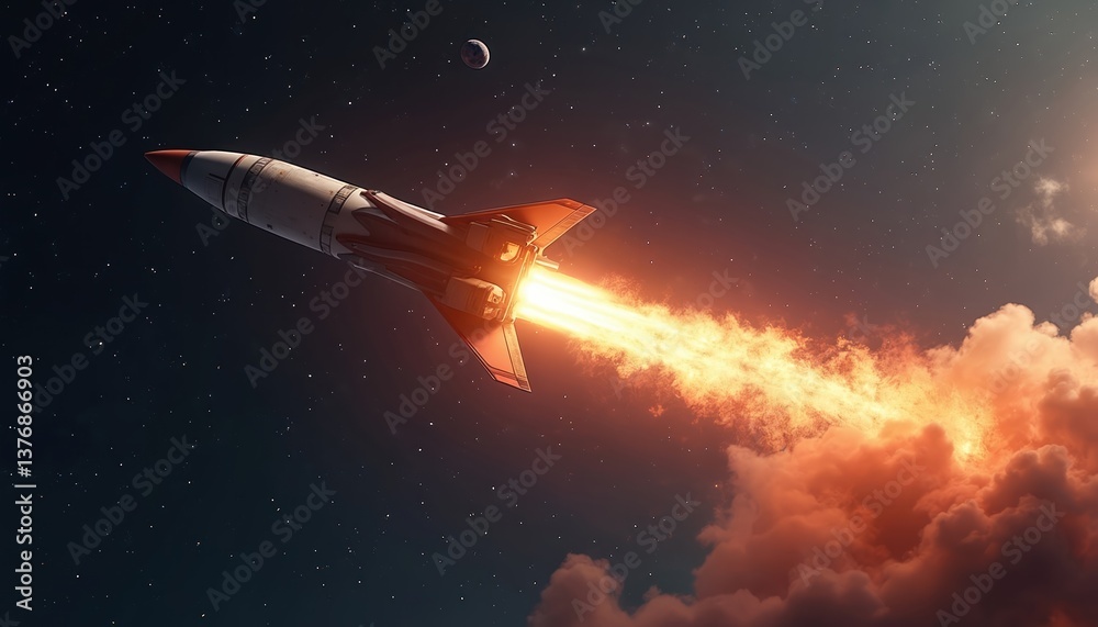 Poster rocket ship soars through space with fiery trail. night sky with stars and planet. engine thrust gen