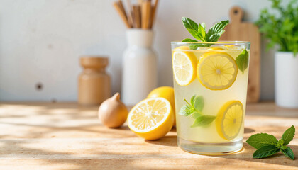 Refreshing glass of lemon water on wooden table in morning light, vitality