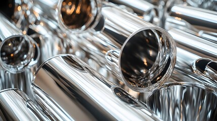 Highly polished chrome metal pipes gleam brilliantly in a tightly arranged industrial pile reflecting light intensely.