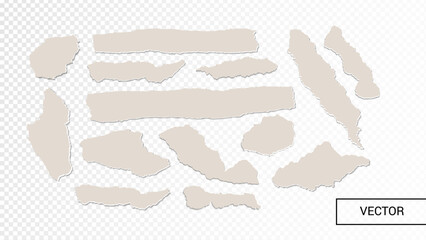 Off White Realistic Torn or Ripped Paper Strip Set with Grunge Edges. Vector Isolated Torn Notebook Empty Page, Scrap Note with Damaged Border. Sticky Scrapbook Newspaper Clip Art Banners