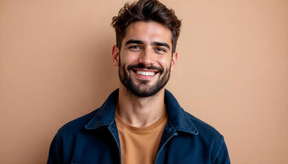 Obraz premium Young man with stubble smiling confidently against a warm peach background in a studio portrait 