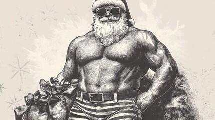 Obraz premium Muscular Santa Claus in sunglasses, holding a gift bag, Christmas.