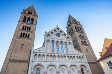 Cathedral in Pecs town in Hungary, Europe. Magnificent church facade featuring symmetrical towers...