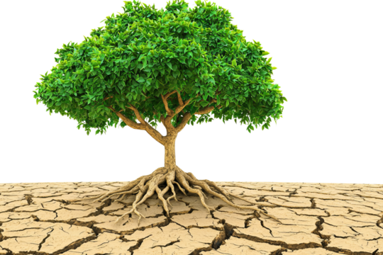 A vibrant green tree stands resilient on cracked, dry land, symbolizing hope and sustainability in harsh conditions.
