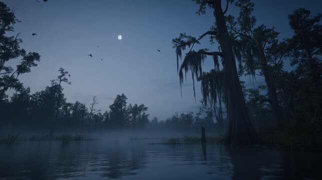 Moonlit Night Over a Serene Swamp with Misty Waters and Silhouetted Trees Perfect for Nature