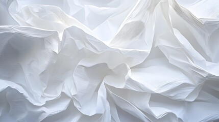 Obraz premium Abstract image of white crumpled fabric texture showing folds and creases with soft light and shadow interplay.