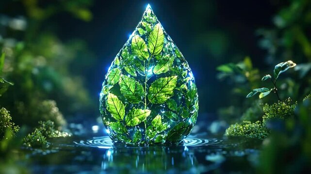 Glowing leaf waterdrop: nature's luminous essence in a forest stream