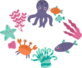 Naklejka premium Cute Underwater Sea Creatures Frame