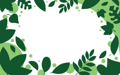 Obraz premium Flat Design Leafy Frame in a Two-Tone Green Silhouette Style, with Various Leaves Surrounding a Transparent Center. Perfect for Nature-Themed Designs. Rectangle Shape.
