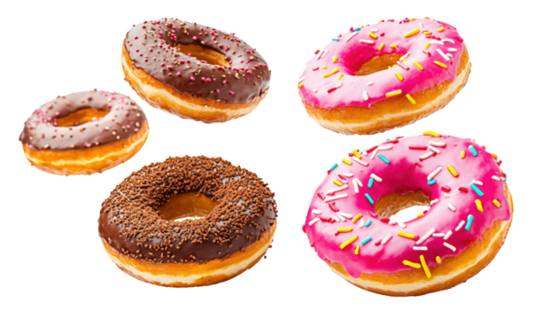 Donuts with sprinkles floating transparent background, possibly for food blog header image