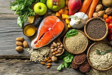 Fresh, varied assortment of wholesome foods on a rustic wooden surface.  A healthy, balanced diet is visually represented with a variety of produce, nuts, grains, and fish