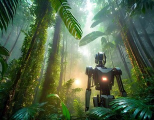 Fototapeta premium Luminous Jungle Sentinel: Futuristic Robot in Verdant Rainforest