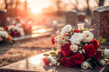 Serene Cemetery Sunset – Elegant Fresh Floral Tribute & Timeless Remembrance. 