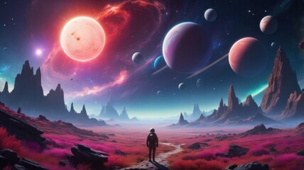 Fototapeta premium Astronaut Exploring Alien Planet Landscape with Planets and Nebula