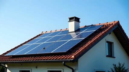 Solar panels installed on a modern house roof under clear blue sky during the day