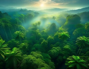 Fototapeta premium Sunrise Mist Shrouds Lush Tropical Palm Forest Aerial View