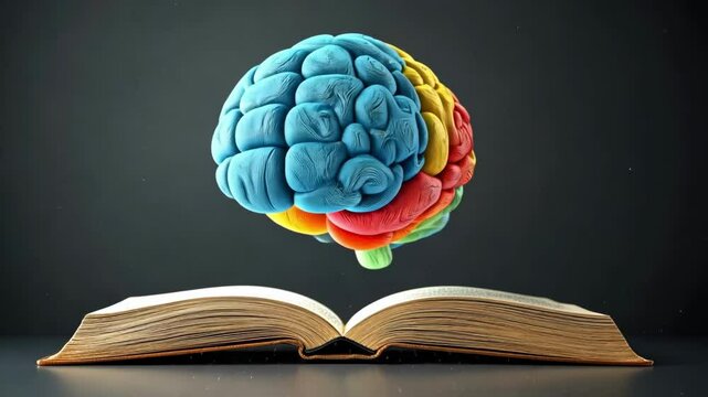 Colorful brain emerging from open book with vibrant abstract connections