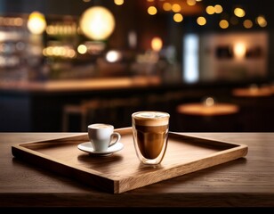 Espresso & Flat White on Wooden Tray, Cozy Cafe Background