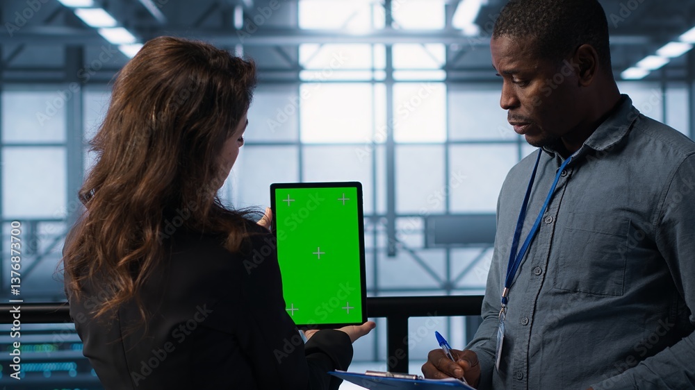 Poster engineers using green screen tablet in data center, checking infrastructure reliability, writing in 