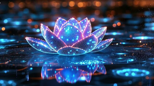 Luminous digital lotus displaying bioluminescent glow in tranquil water