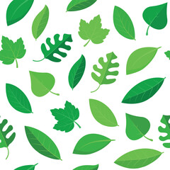 Green Leaves Pattern - Different Types of Leaves in Green Tones Messy on a White Background. A Organic Design for Botanical and Nature Themes. Seamless Link.